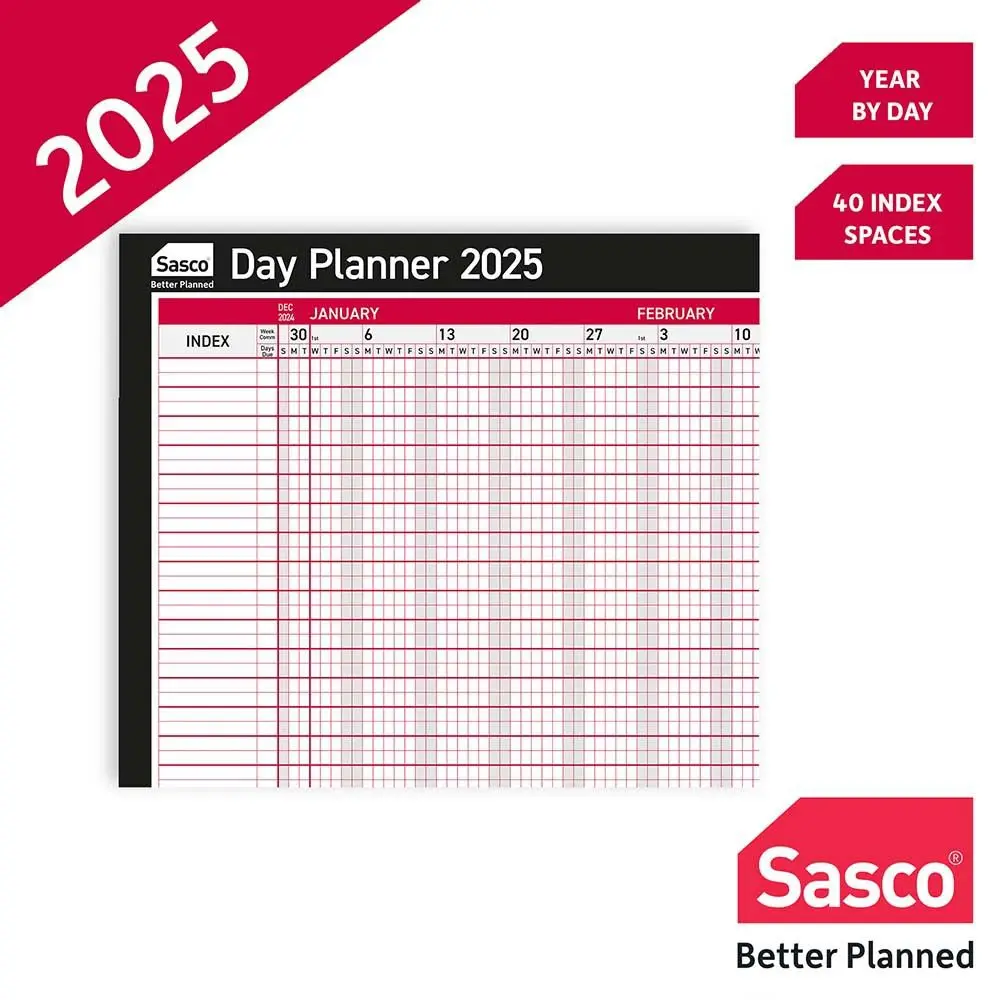 Sasco 2025 Day Wall Planner 915W x 610mmH With Wet Wipe Pen & Sticker Pack Board Mounted - 2410248