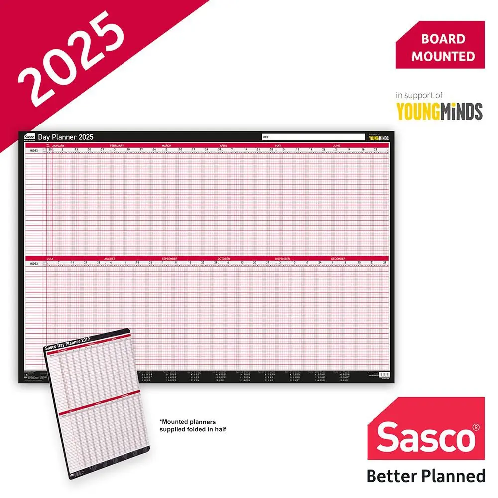 Sasco 2025 Day Wall Planner 915W x 610mmH With Wet Wipe Pen & Sticker Pack Board Mounted - 2410248