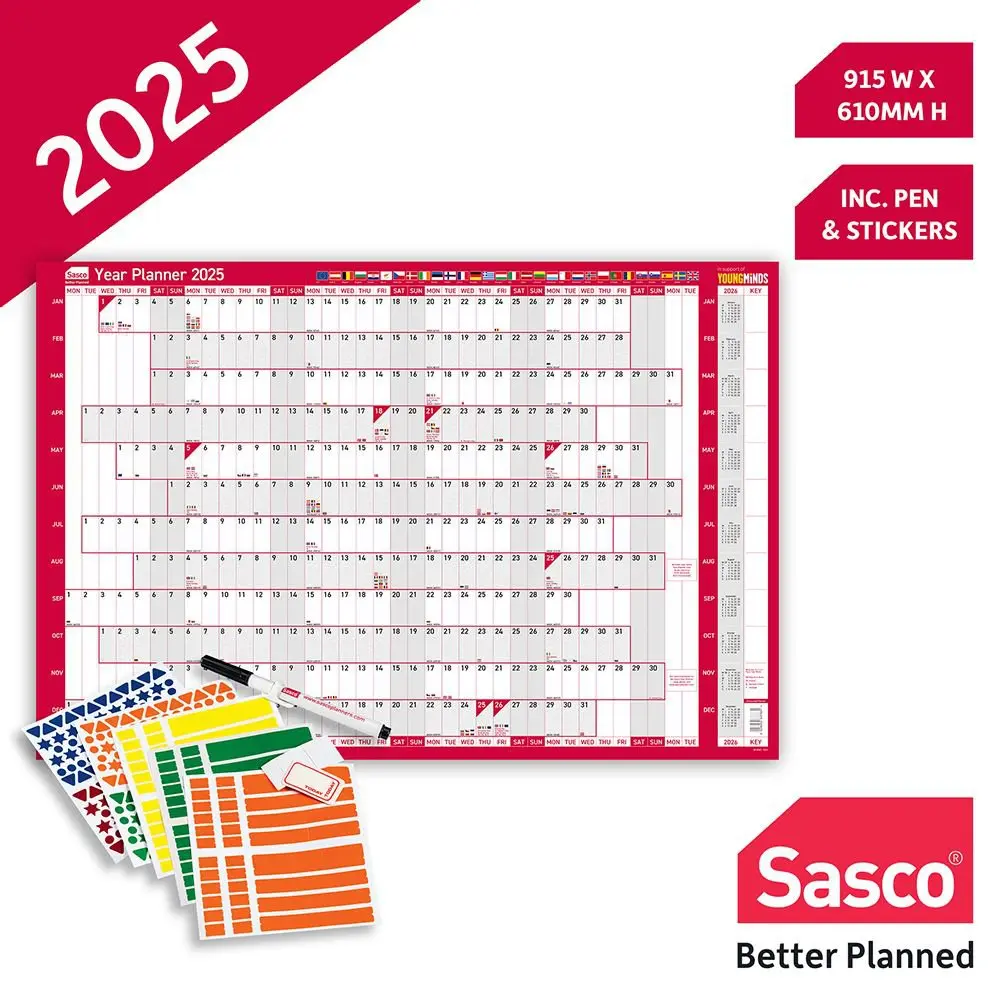 Sasco 2025 EU Year Wall Planner 915W x 610mmH With Wet Wipe Pen & Sticker Pack Unmounted - 2410247