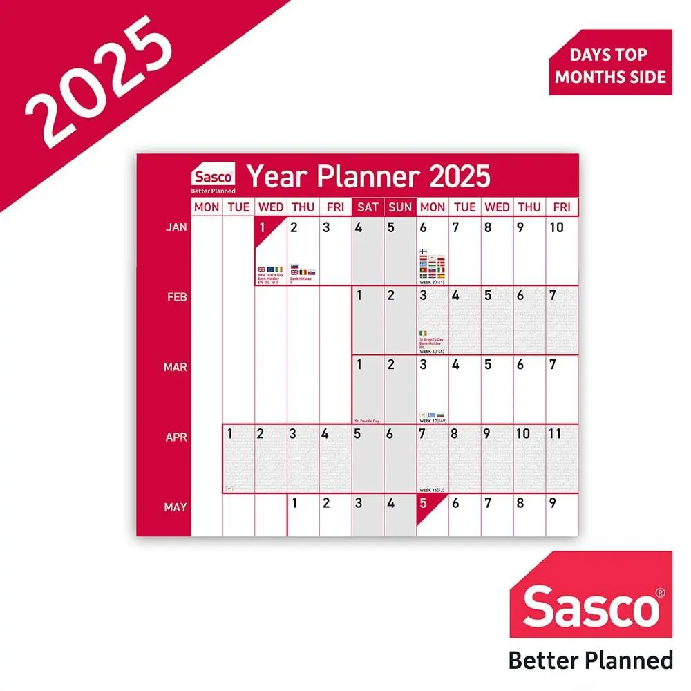 Sasco 2025 EU Year Wall Planner 915W x 610mmH With Wet Wipe Pen & Sticker Pack Unmounted - 2410247