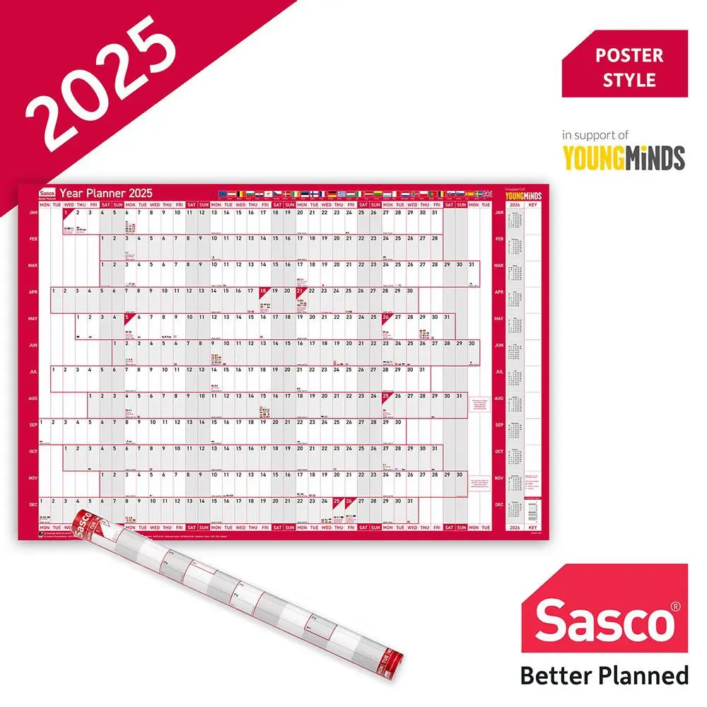 Sasco 2025 EU Year Wall Planner 915W x 610mmH With Wet Wipe Pen & Sticker Pack Unmounted - 2410247