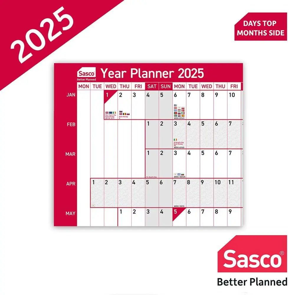 Sasco 2025 EU Year Wall Planner 915W x 610mmH With Wet Wipe Pen & Sticker Pack Board Mounted - 2410246