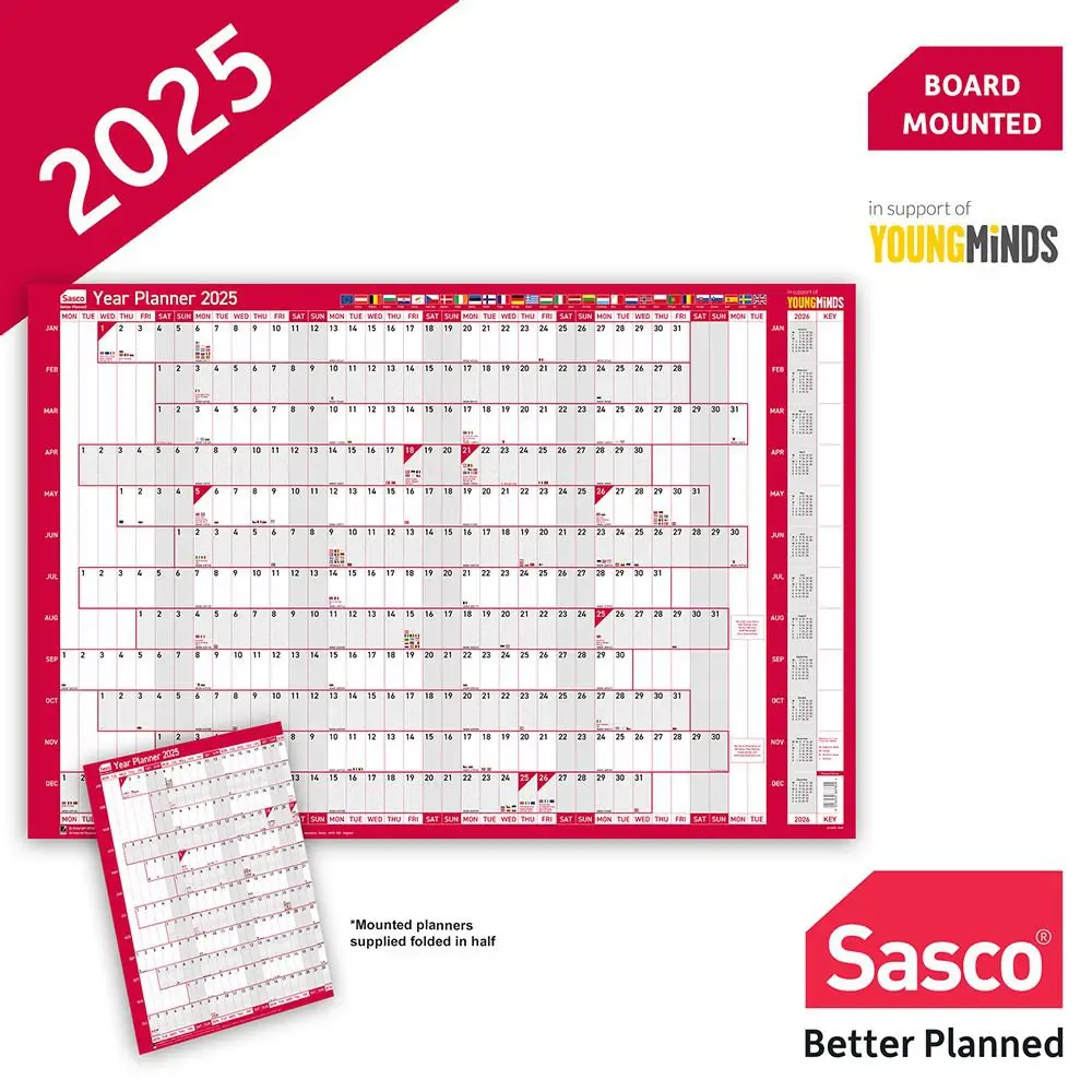 Sasco 2025 EU Year Wall Planner 915W x 610mmH With Wet Wipe Pen & Sticker Pack Board Mounted - 2410246