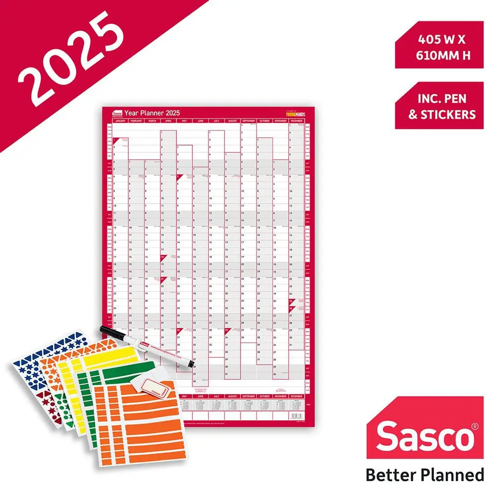 Sasco 2025 Compact Year Wall Planner 610W x 405mmH Portrait With Wet Wipe Pen & Sticker Pack Unmounted - 2410245