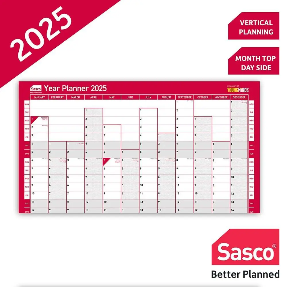 Sasco 2025 Compact Year Wall Planner 610W x 405mmH Portrait With Wet Wipe Pen & Sticker Pack Unmounted - 2410245