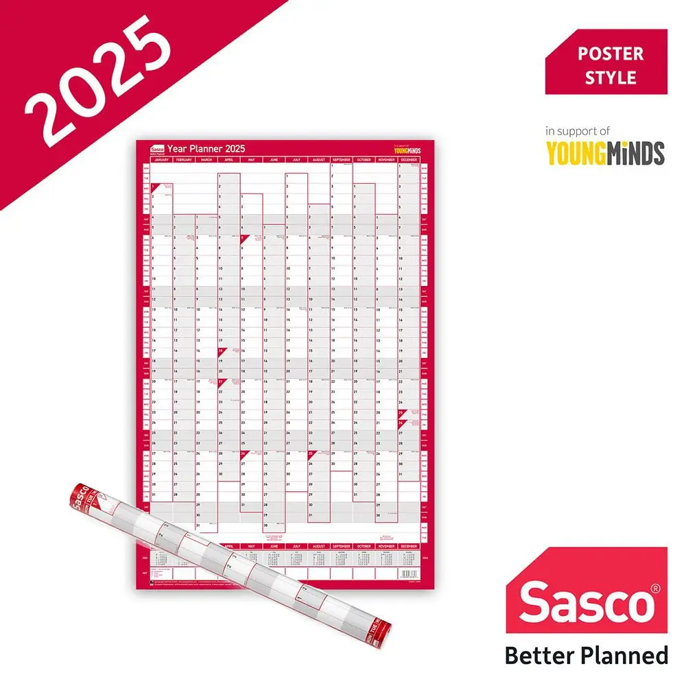 Sasco 2025 Compact Year Wall Planner 610W x 405mmH Portrait With Wet Wipe Pen & Sticker Pack Unmounted - 2410245