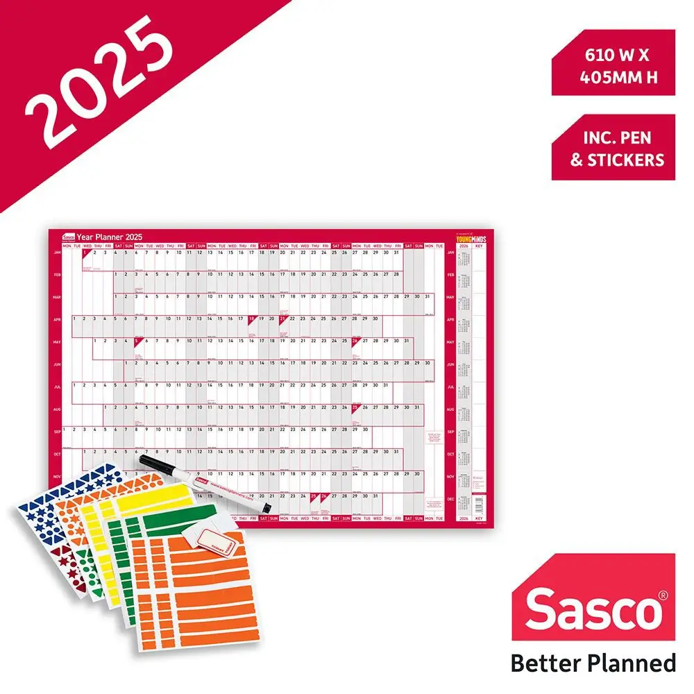 Sasco 2025 Compact Year Wall Planner 610W x 405mmH Landscape With Wet Wipe Pen & Sticker Pack Unmounted - 2410244