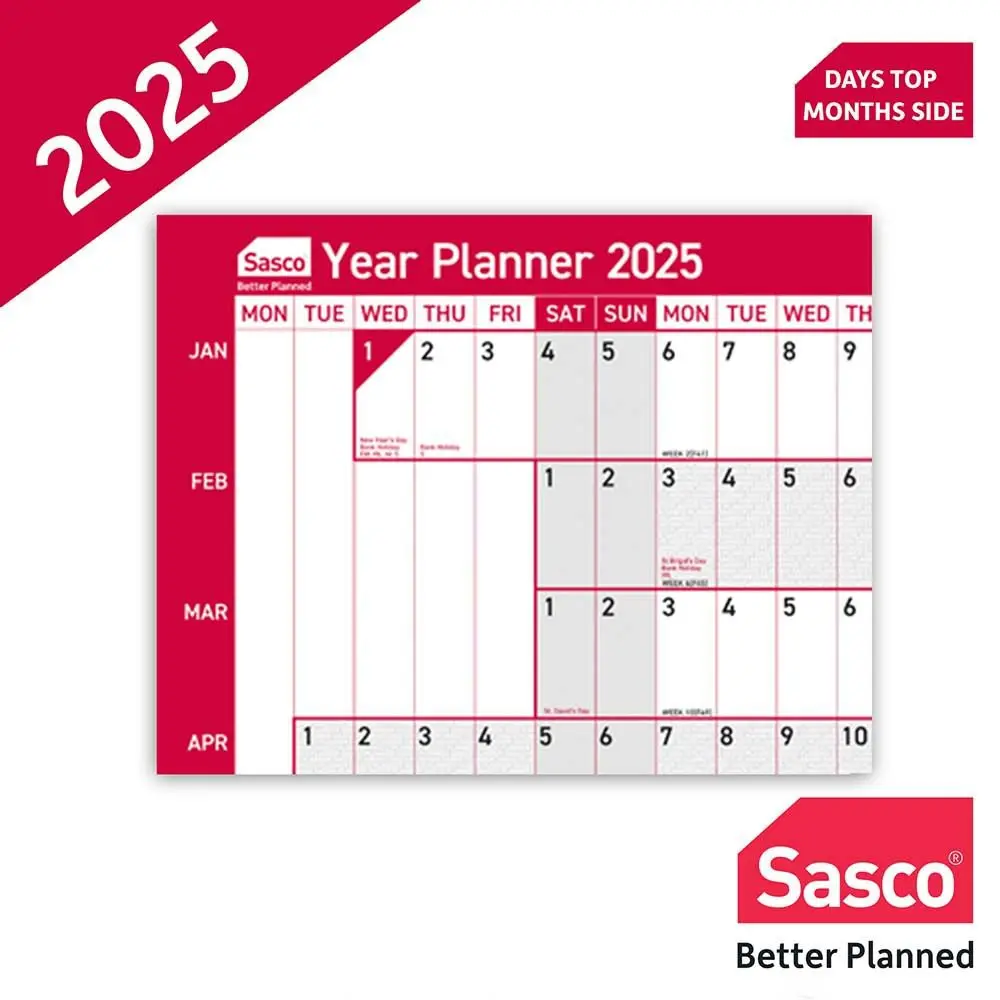 Sasco 2025 Compact Year Wall Planner 610W x 405mmH Landscape With Wet Wipe Pen & Sticker Pack Unmounted - 2410244