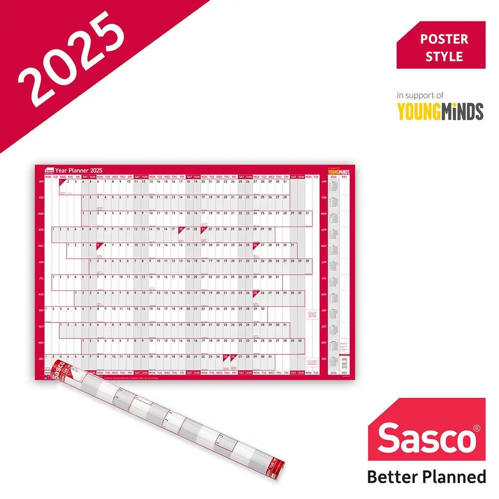 Sasco 2025 Compact Year Wall Planner 610W x 405mmH Landscape With Wet Wipe Pen & Sticker Pack Unmounted - 2410244