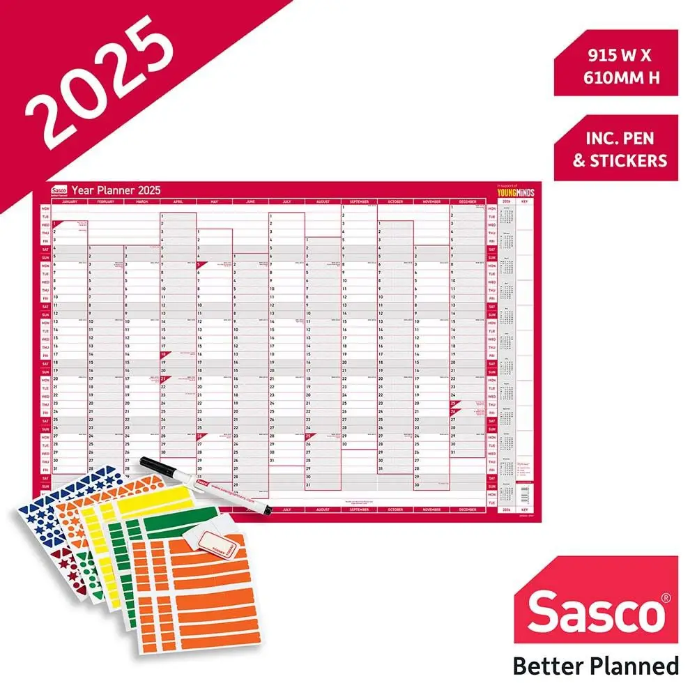 Sasco 2025 Vertical Year Wall Planner 915W x 610mmH With Wet Wipe Pen & Sticker Pack Unmounted - 2410243