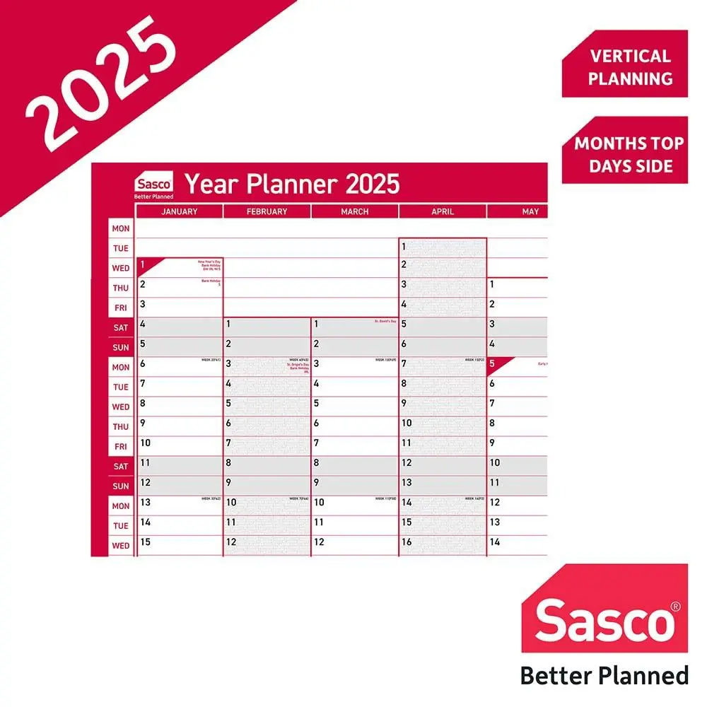 Sasco 2025 Vertical Year Wall Planner 915W x 610mmH With Wet Wipe Pen & Sticker Pack Unmounted - 2410243