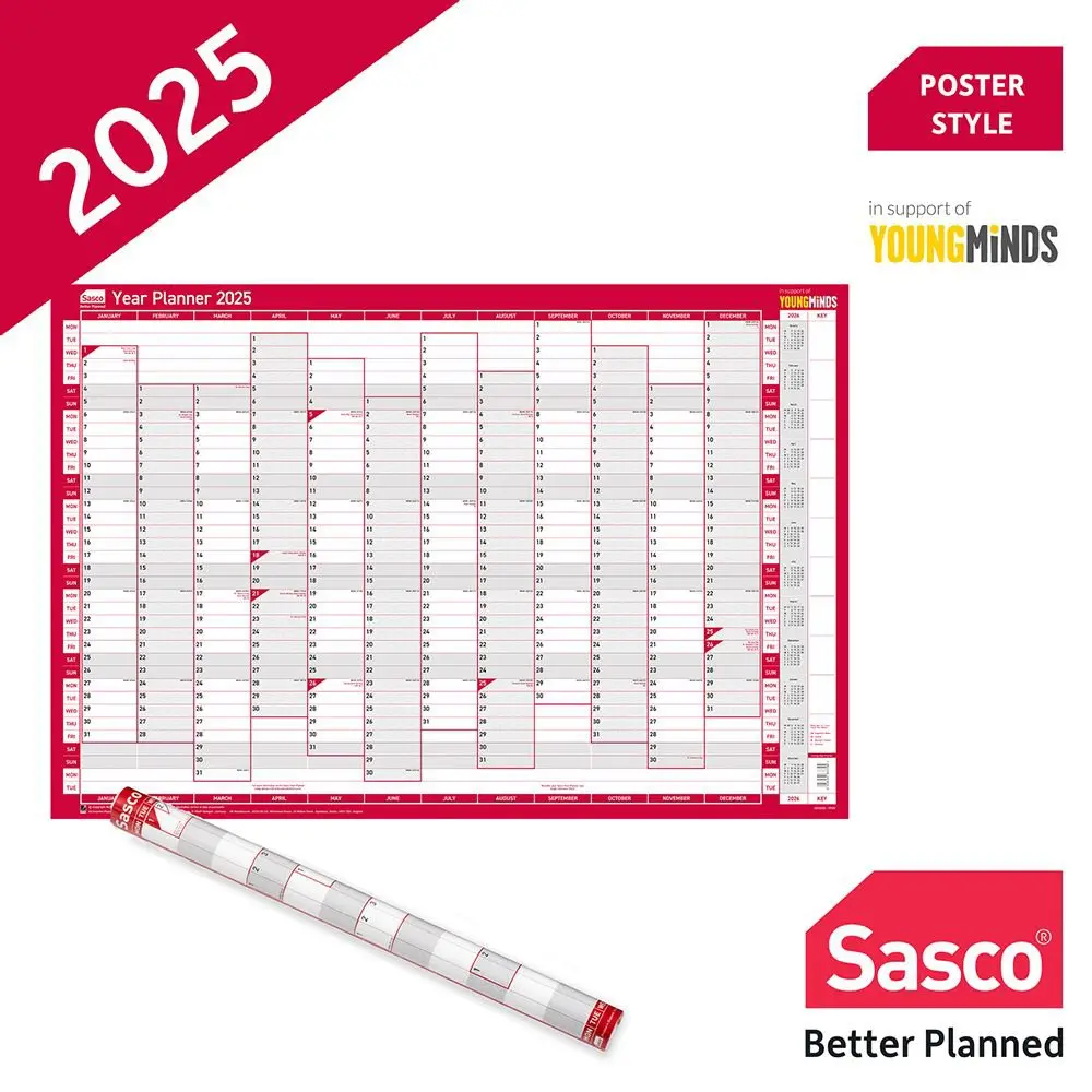 Sasco 2025 Vertical Year Wall Planner 915W x 610mmH With Wet Wipe Pen & Sticker Pack Unmounted - 2410243