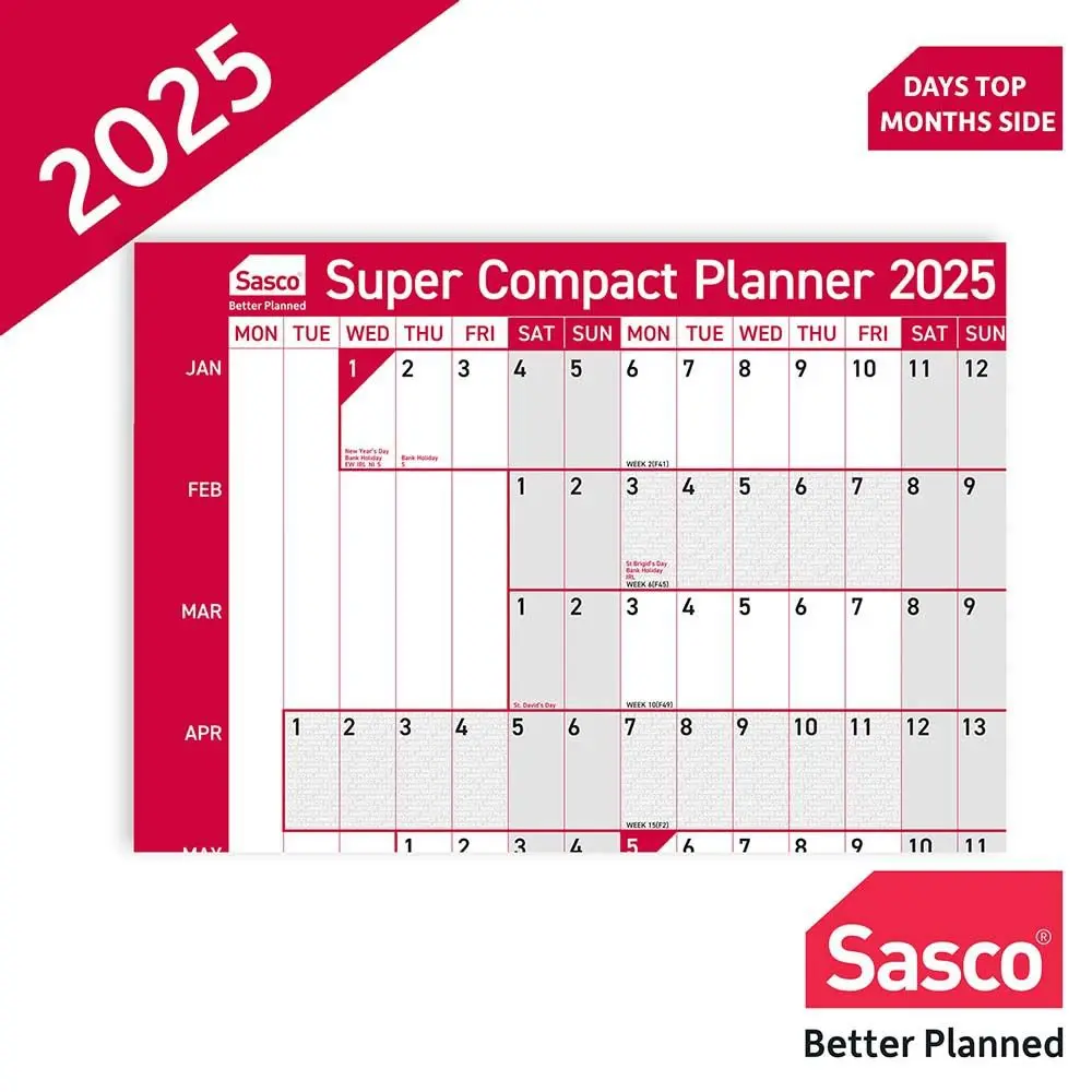 Sasco 2025 Super Compact Year Wall Planner 400W x 285Hmm With Wet Wipe Pen & Sticker Pack Unmounted - 2410241