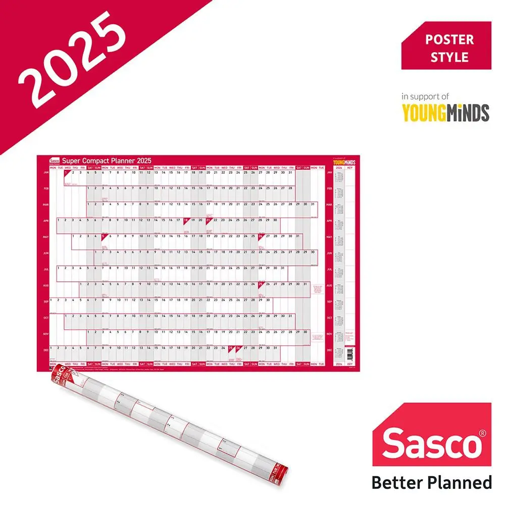 Sasco 2025 Super Compact Year Wall Planner 400W x 285Hmm With Wet Wipe Pen & Sticker Pack Unmounted - 2410241