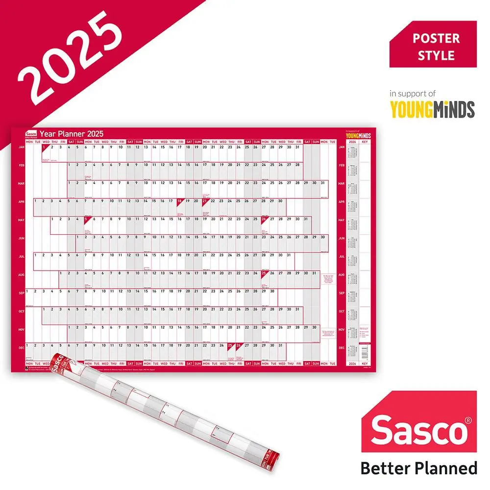 Sasco 2025 Original Year Wall Planner 915W x 610mmH With Wet Wipe Pen & Sticker Pack Unmounted - 2410239