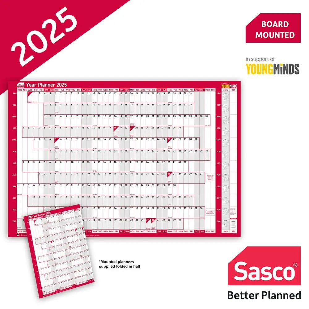 Sasco 2025 Original Year Wall Planner 915W x 610mmH With Wet Wipe Pen & Sticker Pack Board Mounted - 2410238