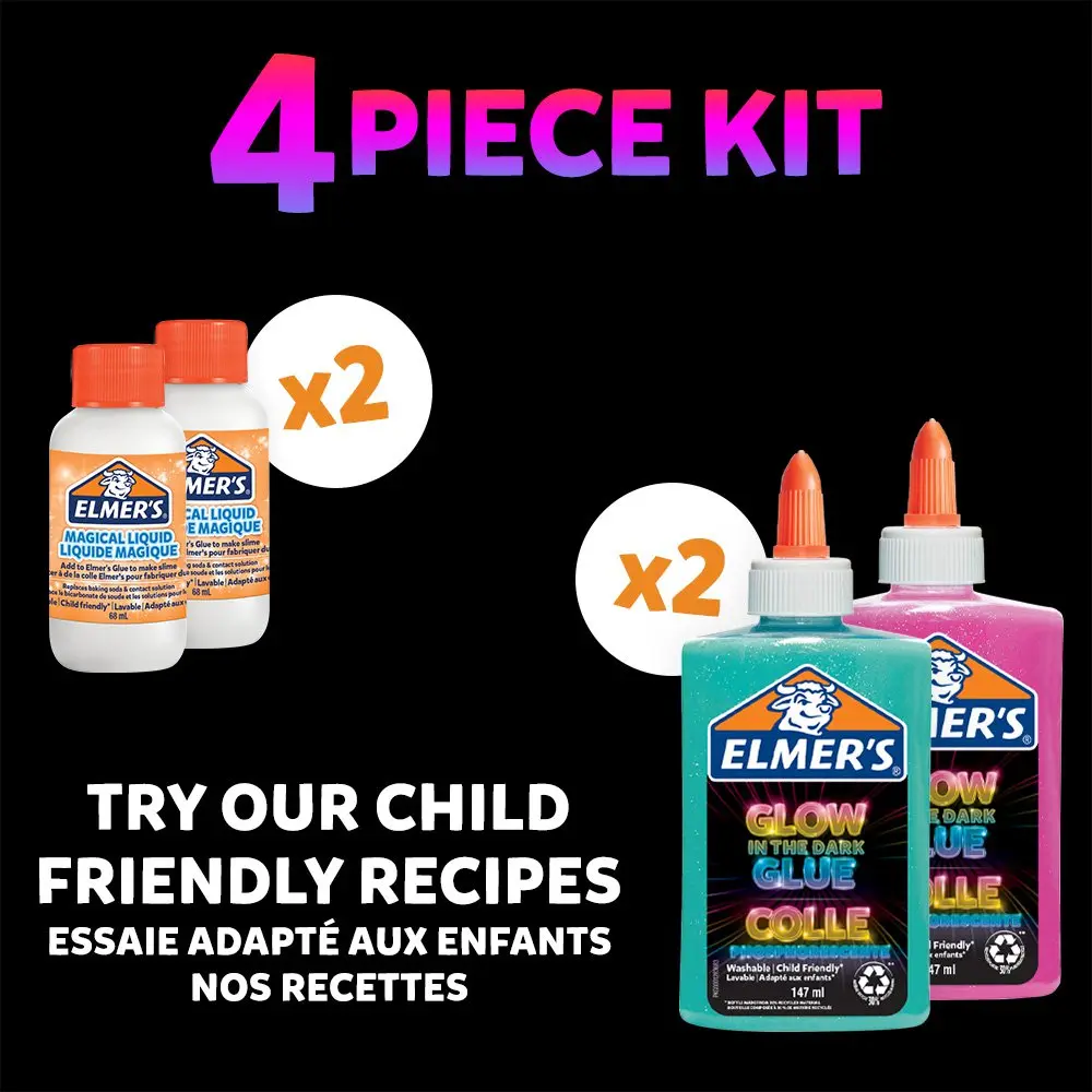 Elmers Glow In The Dark Slime Kit Includes Glow In The Dark Glue (Blue and Pink) and Elmers Magical Liquid Slime Activator (X2) - 4 Piece Kit - 216208