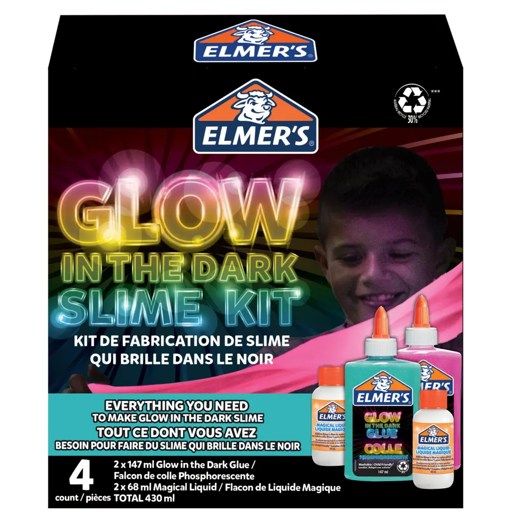 Elmers Glow In The Dark Slime Kit Includes Glow In The Dark Glue (Blue and Pink) and Elmers Magical Liquid Slime Activator (X2) - 4 Piece Kit - 216208