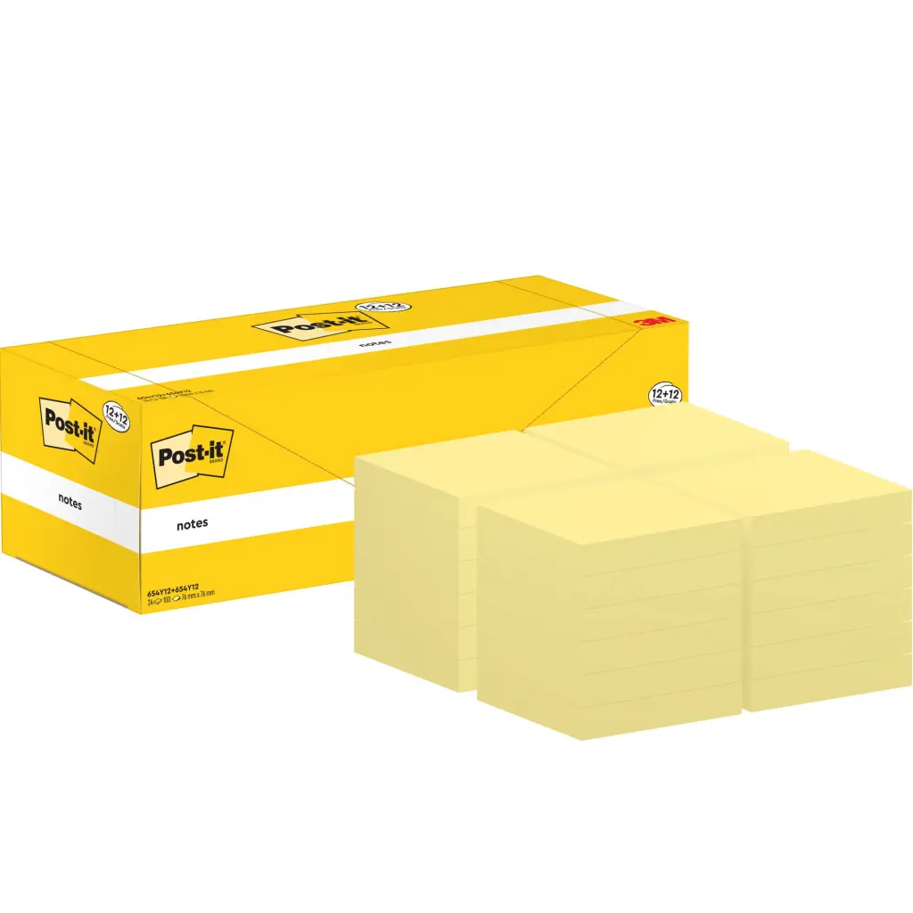 Post-it Notes Value Pack 76 mm x 76 mm 12 pads + 12 FREE Canary Yellow  (Pack 24) - 7100290172