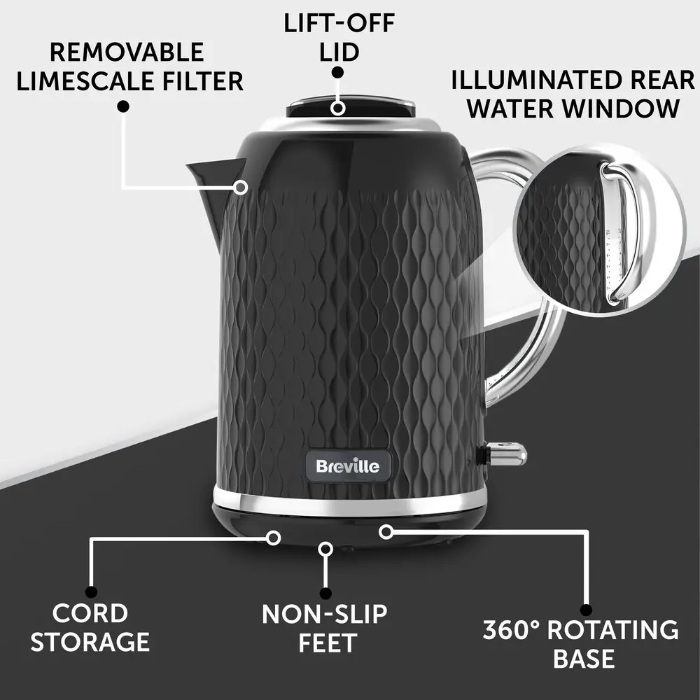 Breville Curve Electric 3kW Kettle 1.7L capacity Fast Boil Black & Chrome  - VKT017