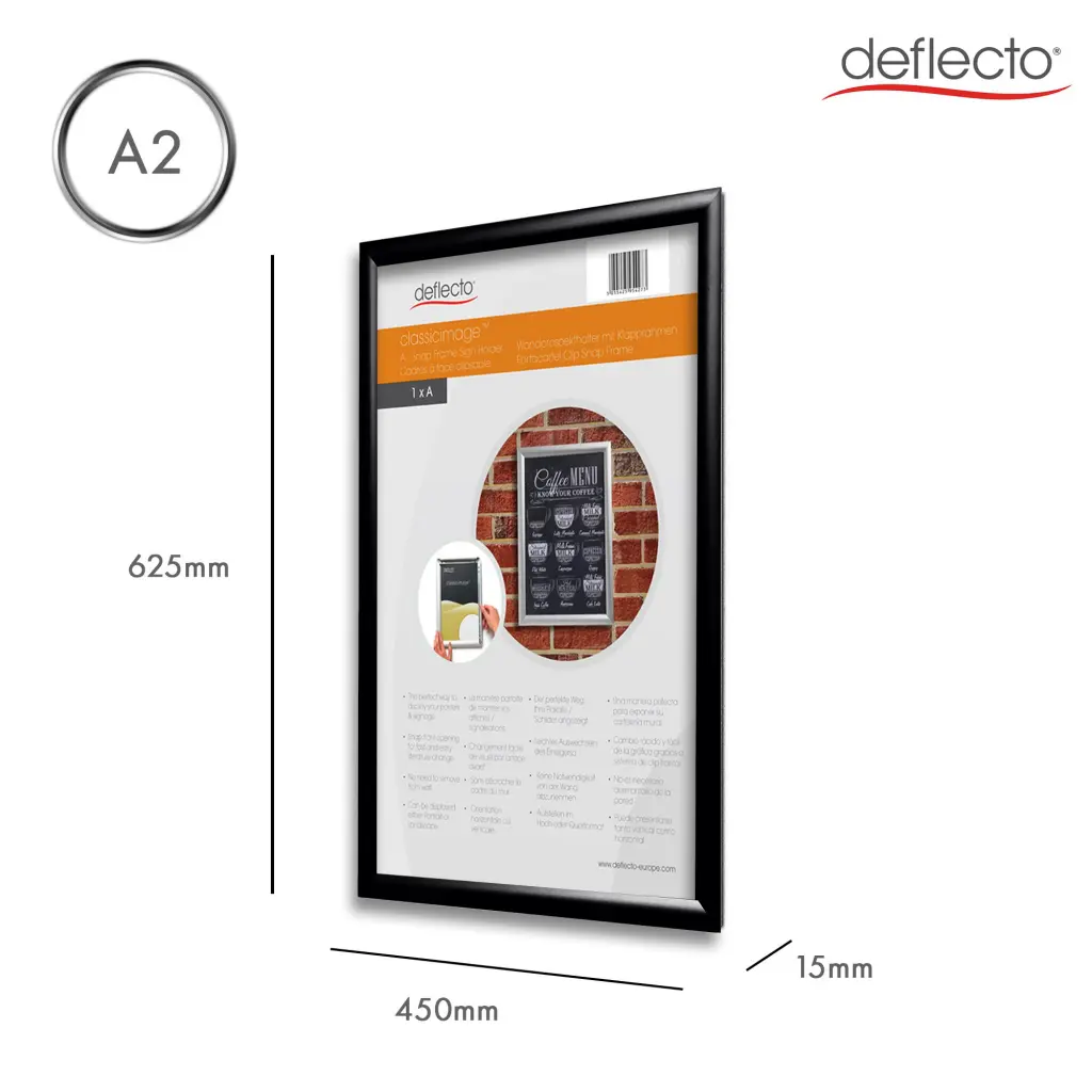 Deflecto A2 Wall Mounted 25mm Aluminium Snap Frame Literature Display Sign Holder Black - SFA2B