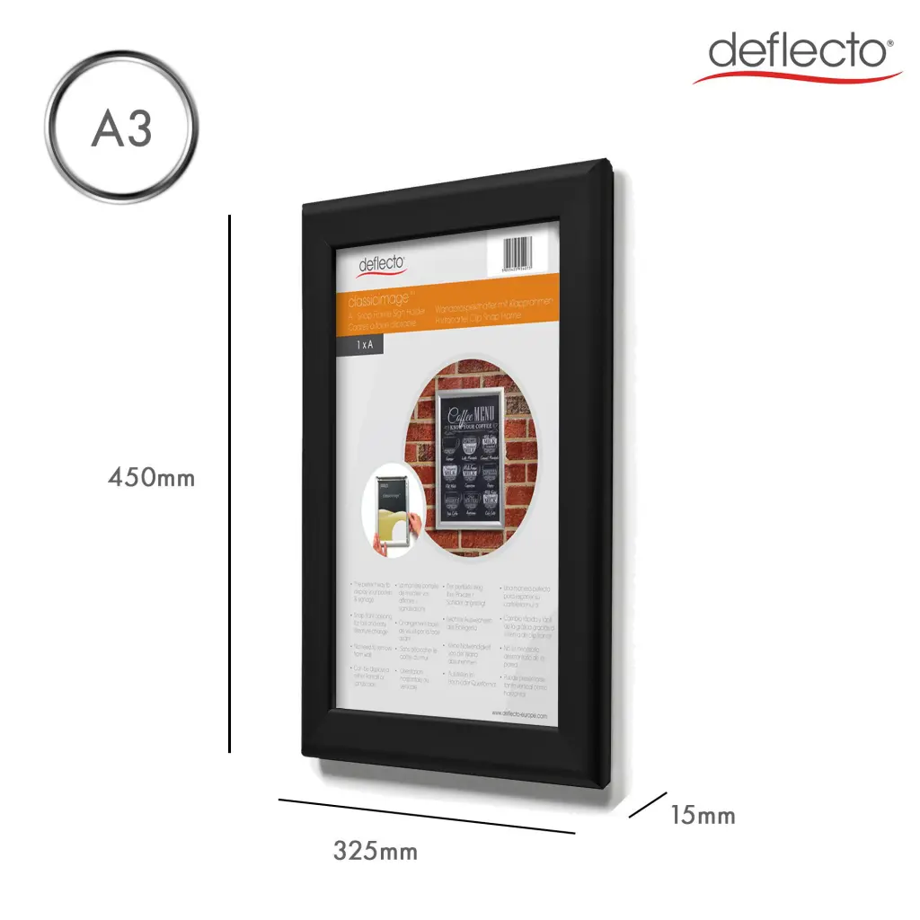 Deflecto A3 Wall Mounted 25mm Aluminium Snap Frame Literature Display Sign Holder Black - SFA3B