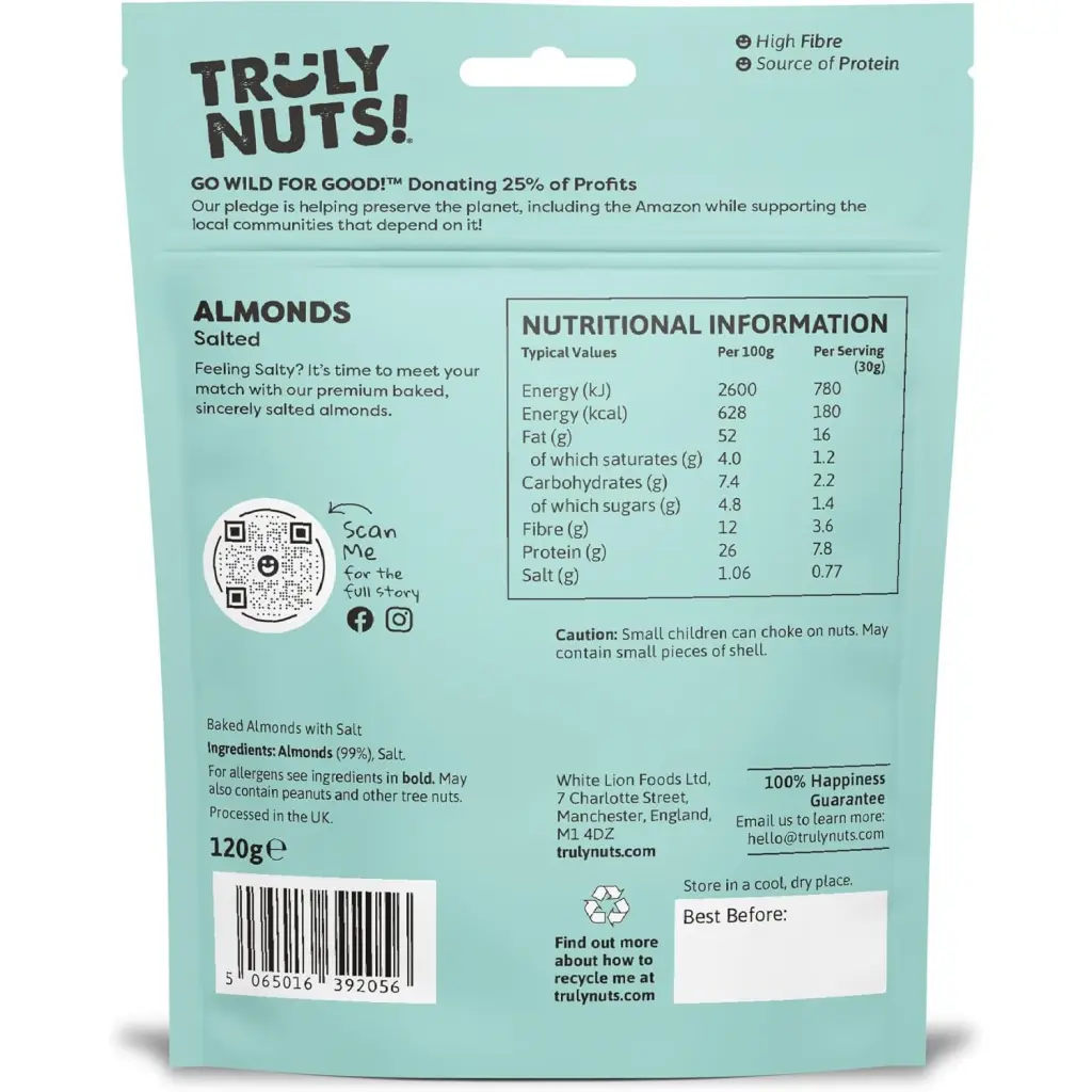 Truly Nuts Salted Almonds One Tree planted for every purchase (Bag 120g) - 0401372