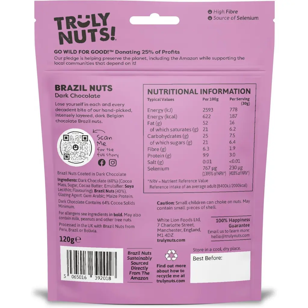 Truly Nuts Dark Chocolate Brazil Nuts One Tree planted for every purchase  (Bag 120g) - 0401371