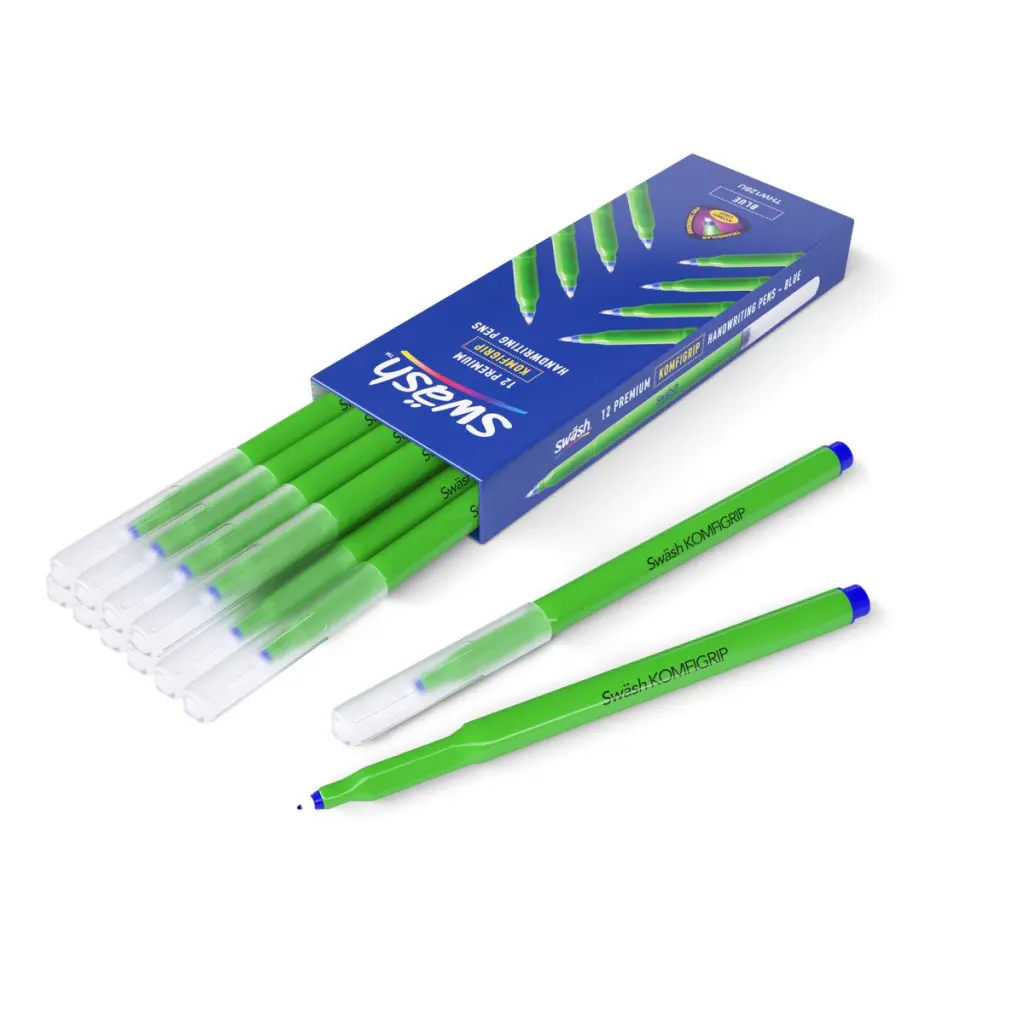 Swash KOMFIGRIP Triangular Grip Handwriting Pens for left or right handed Blue (Pack 12) - THW12BU