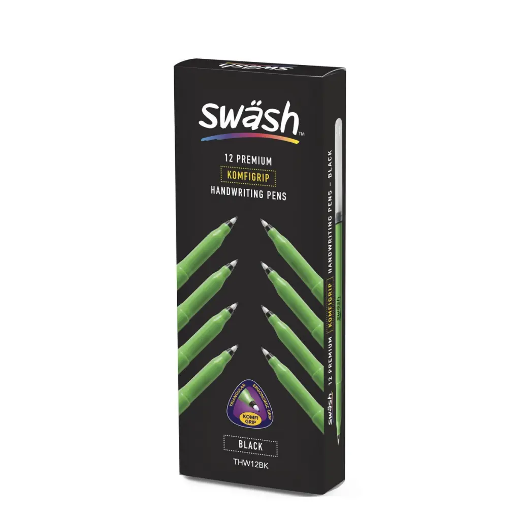 Swash KOMFIGRIP Triangular Grip Handwriting Pens for left or right handed Black (Pack 12) - THW12BK