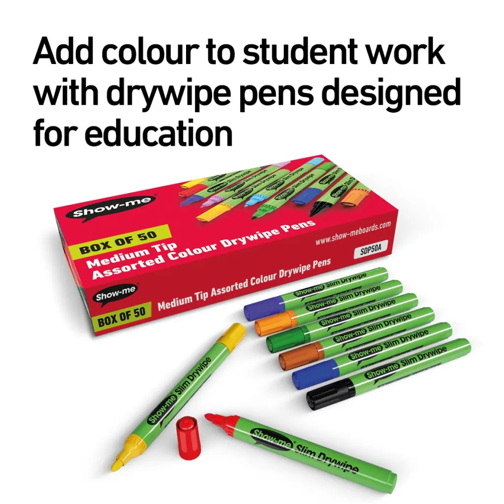 Show-me Drywipe Marker Medium Bullet Tip Slim Barrel Assorted Colours (Pack 50) - SDP50A