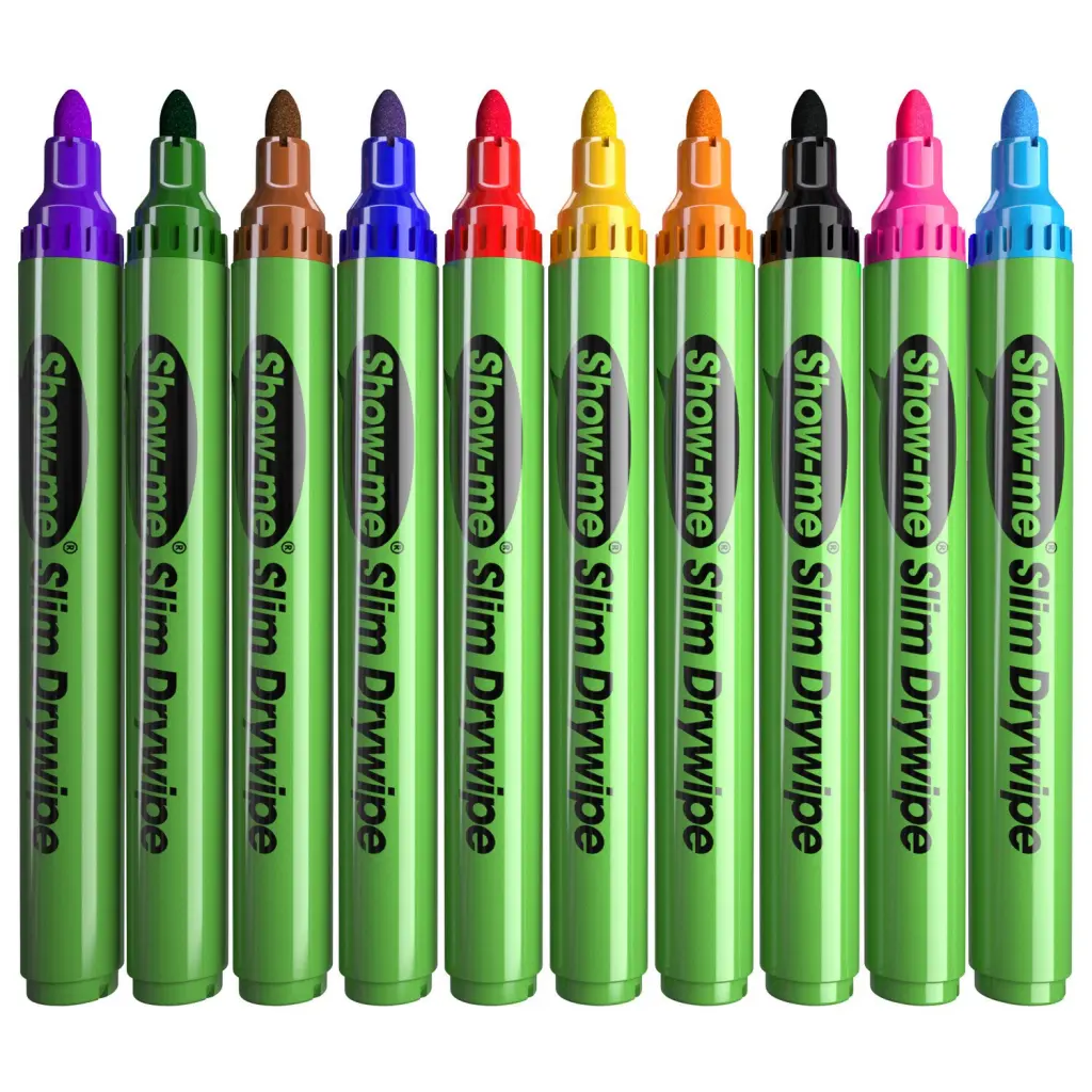 Show-me Drywipe Marker Medium Tip Slim Barrel Assorted Colours (Pack 10) - SDP10A