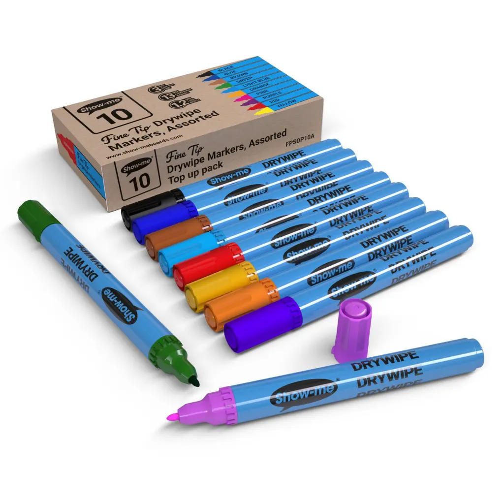 Show-me Drywipe Marker Fine Tip Slim Barrel Assorted Colours (Pack 10) - FPSDP10A