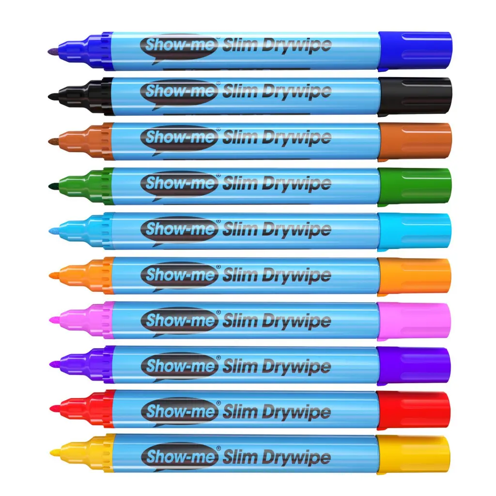 Show-me Drywipe Marker Fine Tip Slim Barrel Assorted Colours (Pack 10) - FPSDP10A