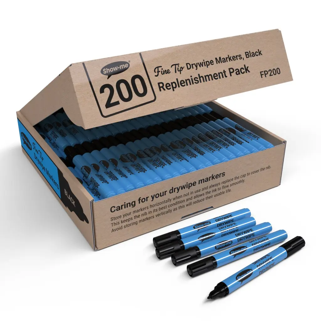 Show-me Drywipe Marker Fine Tip Slim Barrel Black (Pack 200) - FP200