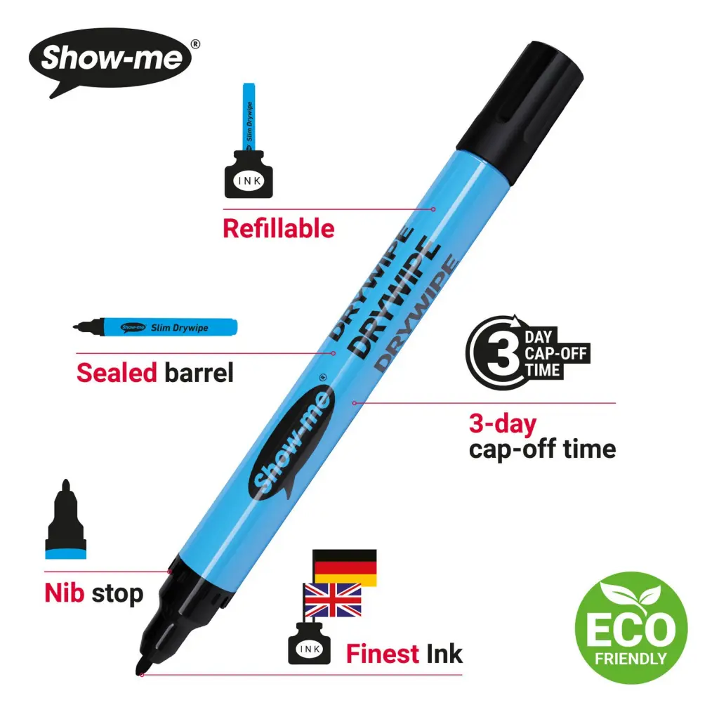 Show-me Drywipe Marker Fine Tip Slim Barrel Black (Pack 200) - FP200