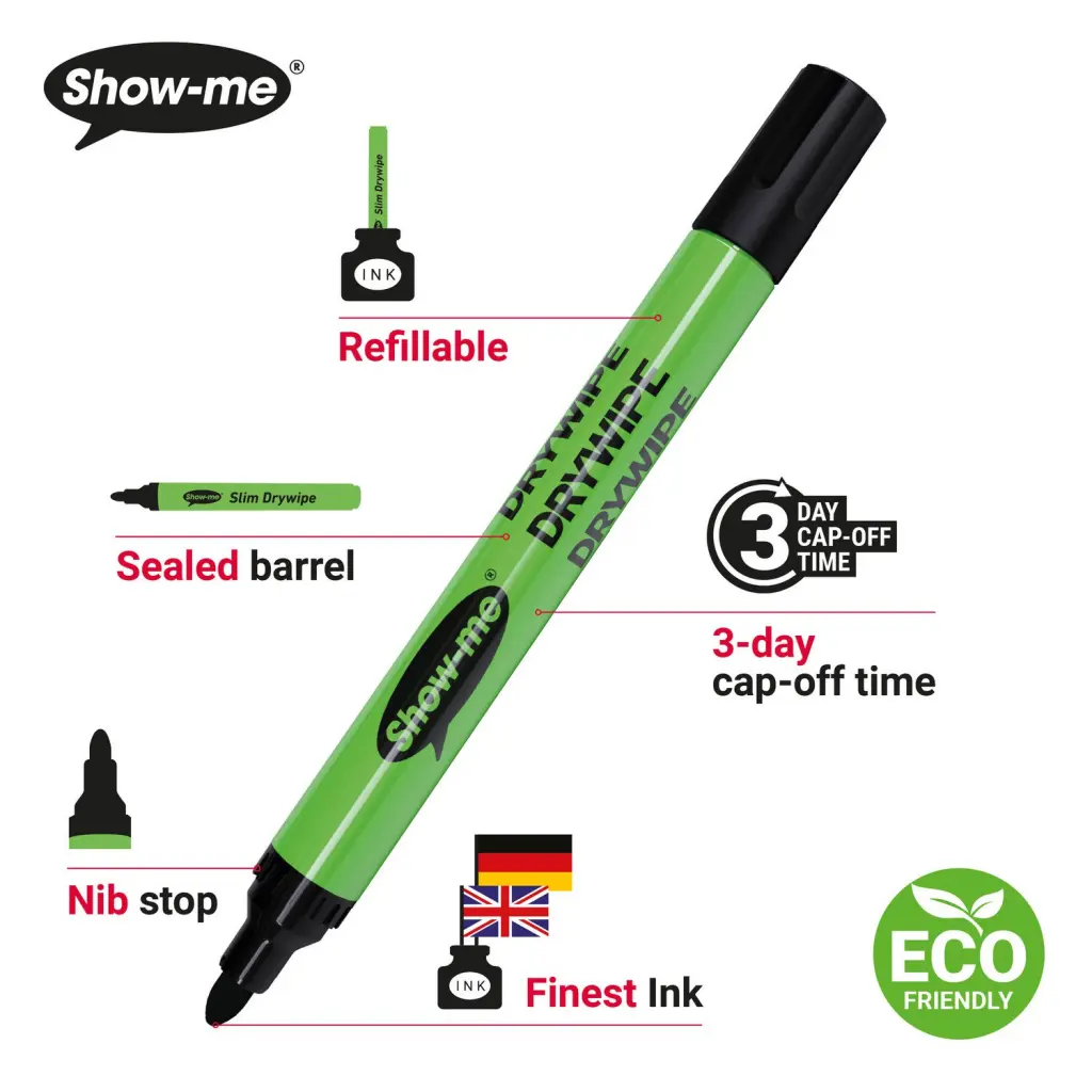 Show-me Drywipe Marker Medium Tip Slim Barrel Black (Pack 100) - CP100