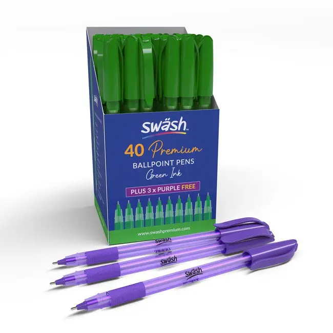 Swash Premium Triangular Medium Tip Ballpoint Pens Green Plus 3 FREE Purple Ballpoint Pens (Pack 40+3 FREE) - BBT40GN