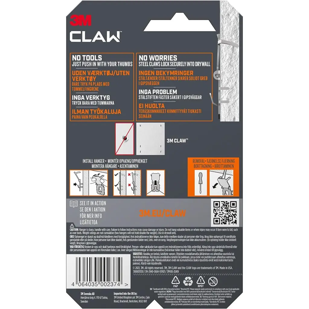 3M CLAW Picture Hanger For Plasterboard Stainless Steel Holds Up To 30Kg (Pack 2) - 7100269195