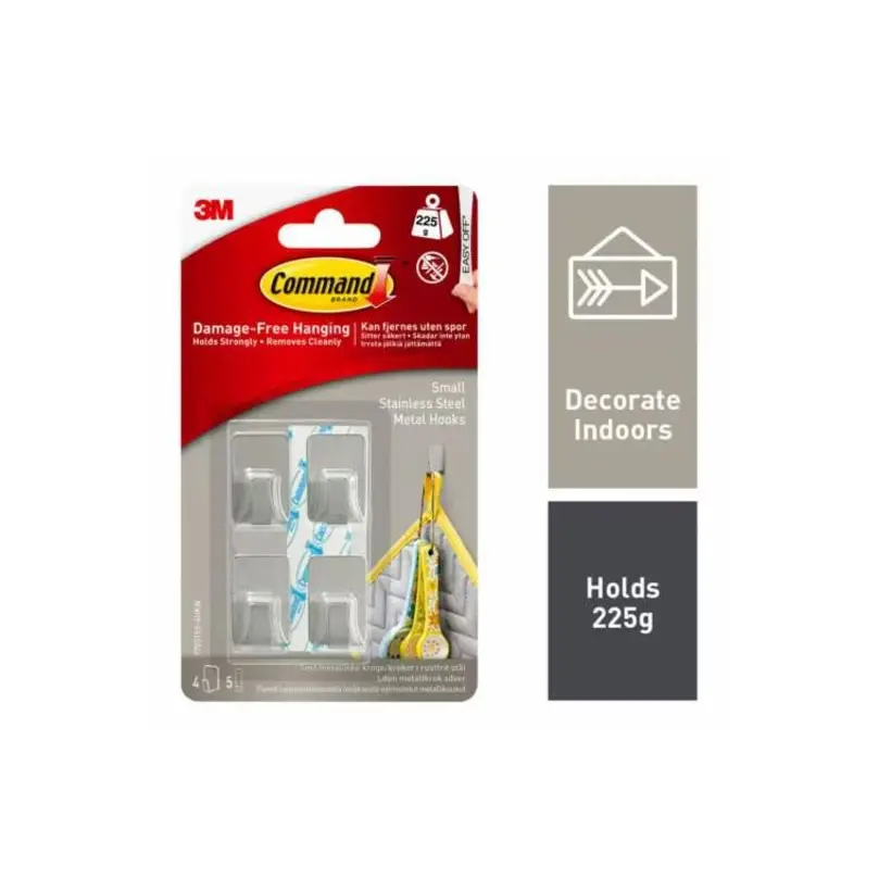 3M Command Small Stainless Steel Metal Hooks With Command Adhesive Strips (Pack 4) - 7100191582