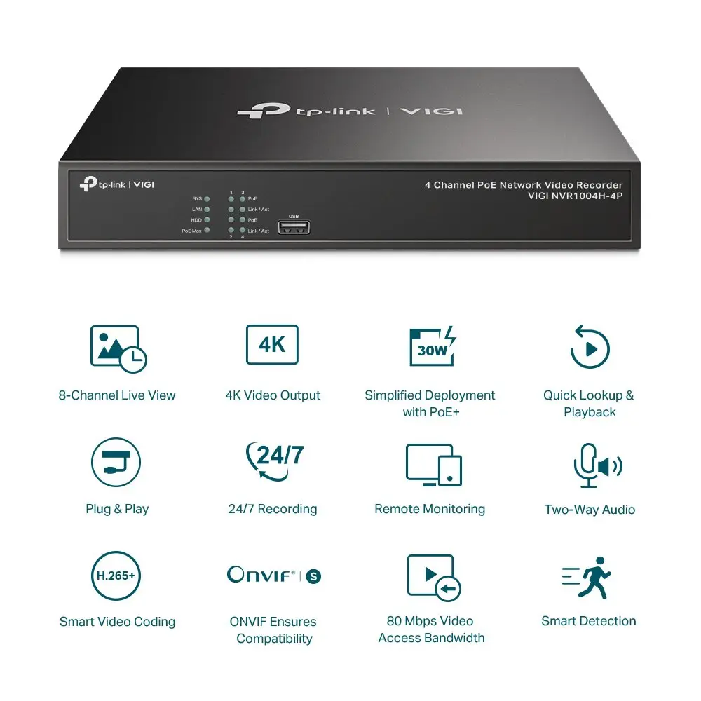 TP-Link VIGI 4 Channel PoE Plus Network Video Recorder