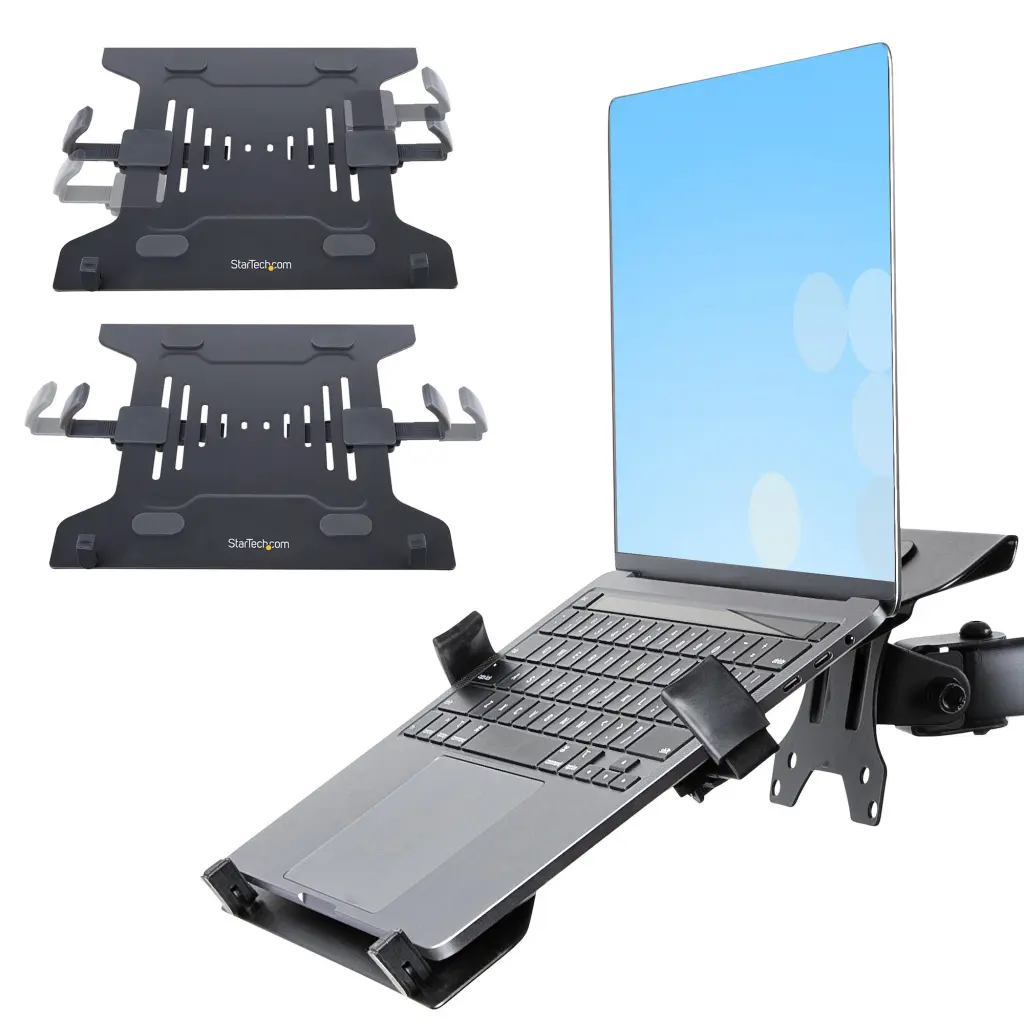 StarTech.com Monitor and Laptop Desk Mount for Displays Up to 34 Inches - Articulating VESA Laptop Tray Arm - Clamp / Grommet Mount