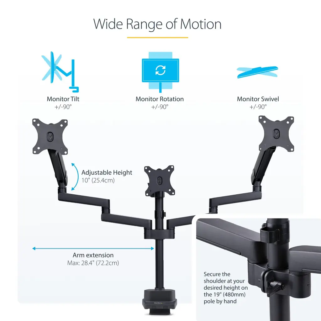 Startech.com Triple Monitor Desk Mount for 3x 27in Screens Spring Assisted