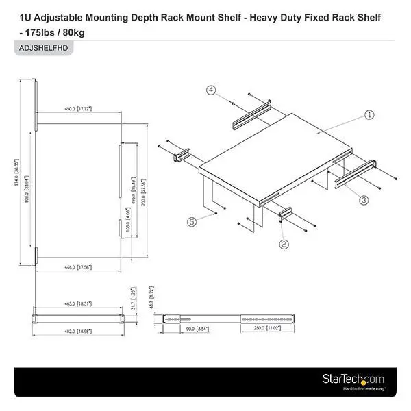 StarTech.com 1U 4-Post Adjustable Server Rack Mount Shelf - 330lbs 150kg