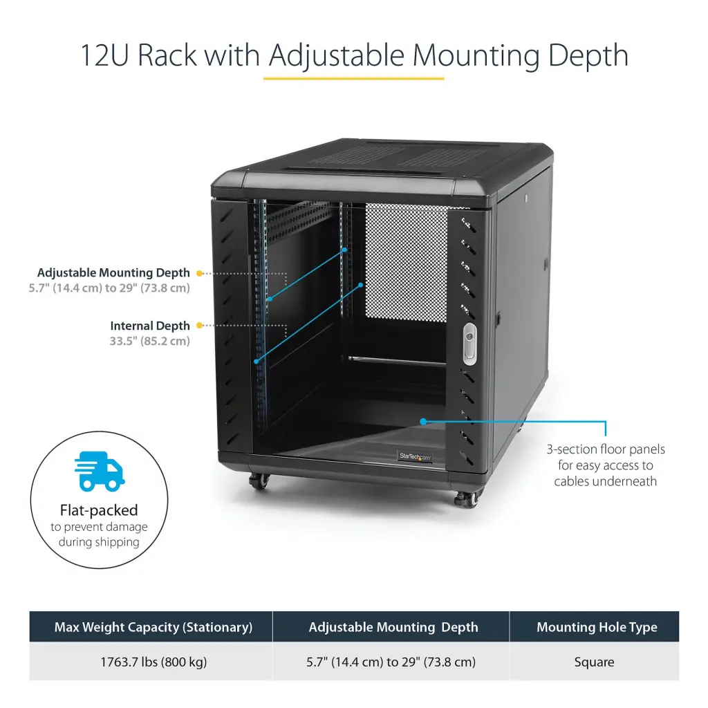 StarTech.com 12U 36 Inch Knock-Down Server Rack Cabinet with Casters 29 Inch Deep