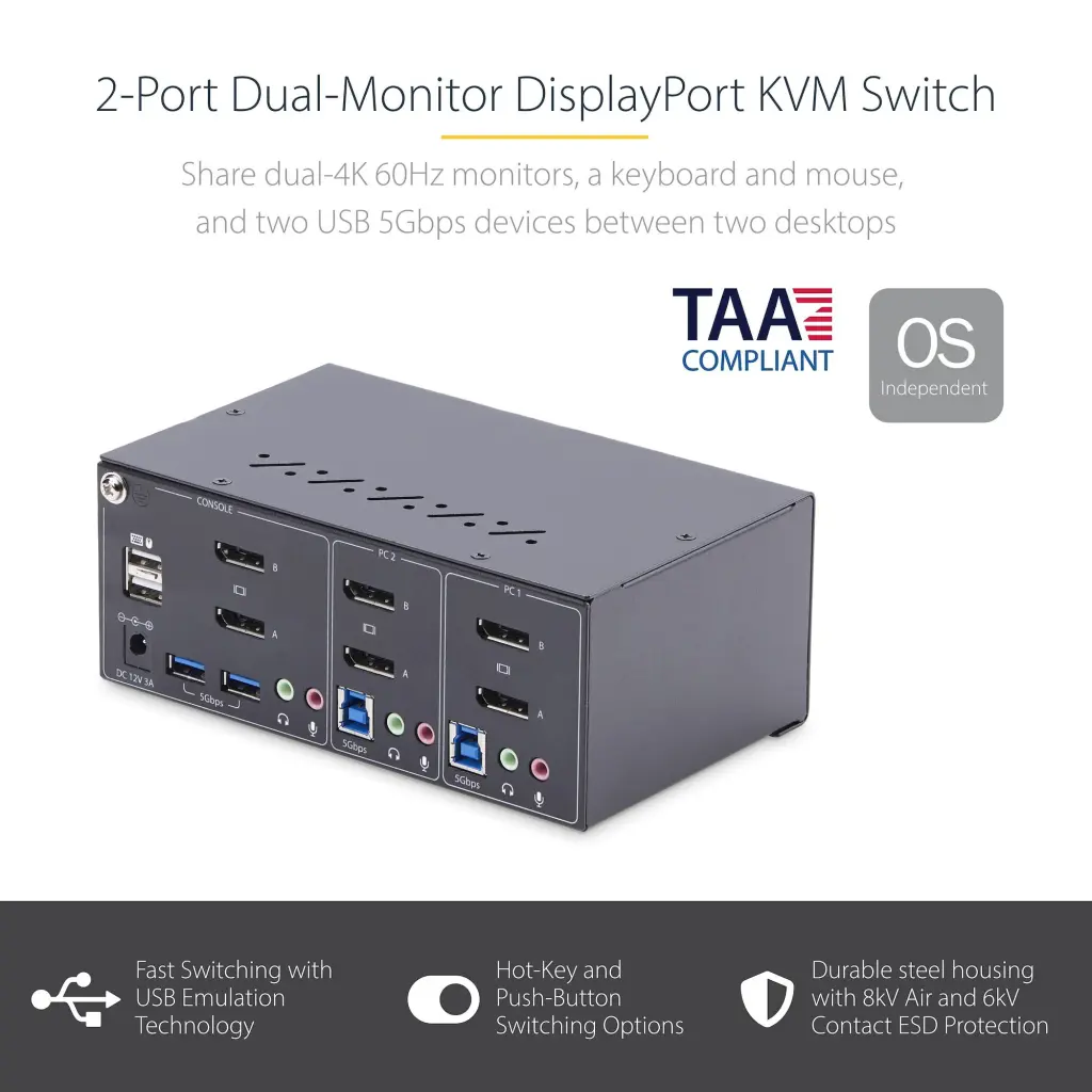 Startech.com 2 Port Dual Monitor DisplayPort KVM Switch 4K 60Hz 2xUSB