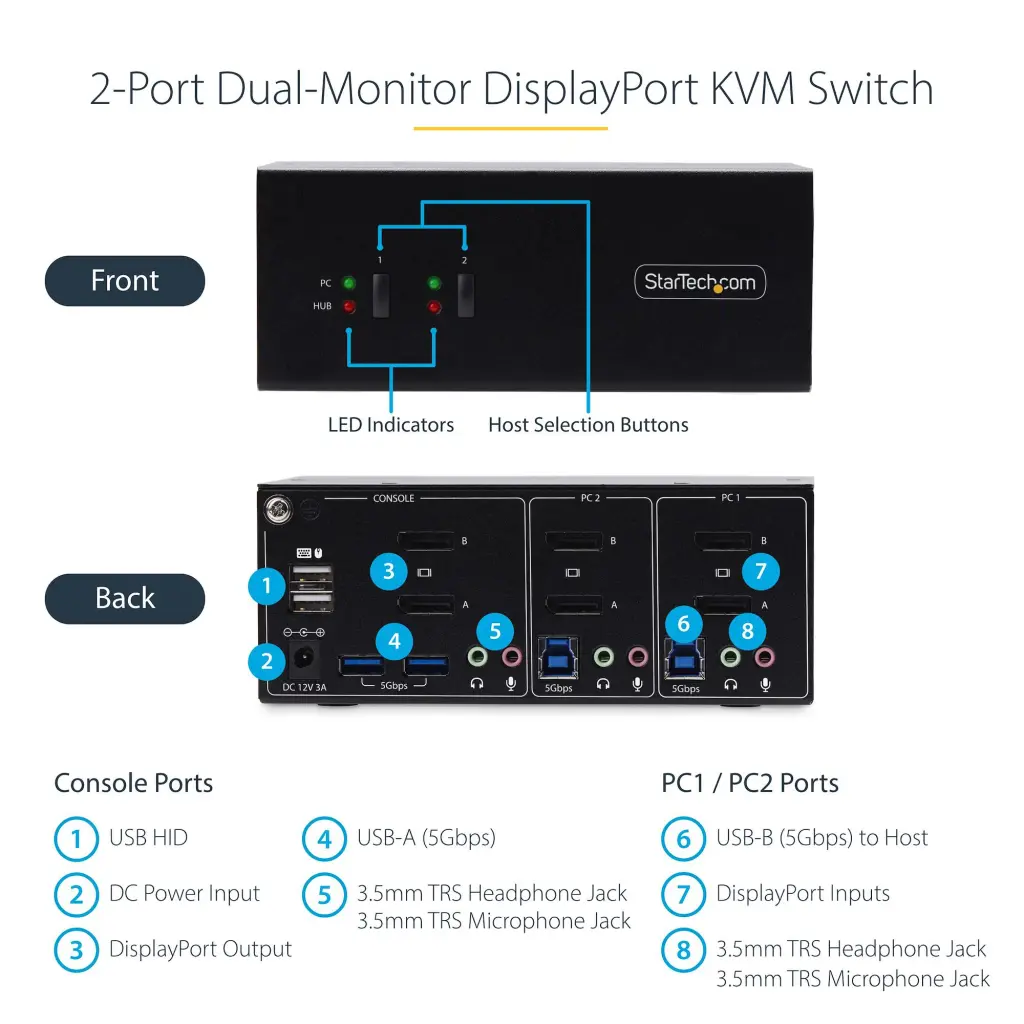 Startech.com 2 Port Dual Monitor DisplayPort KVM Switch 4K 60Hz 2xUSB