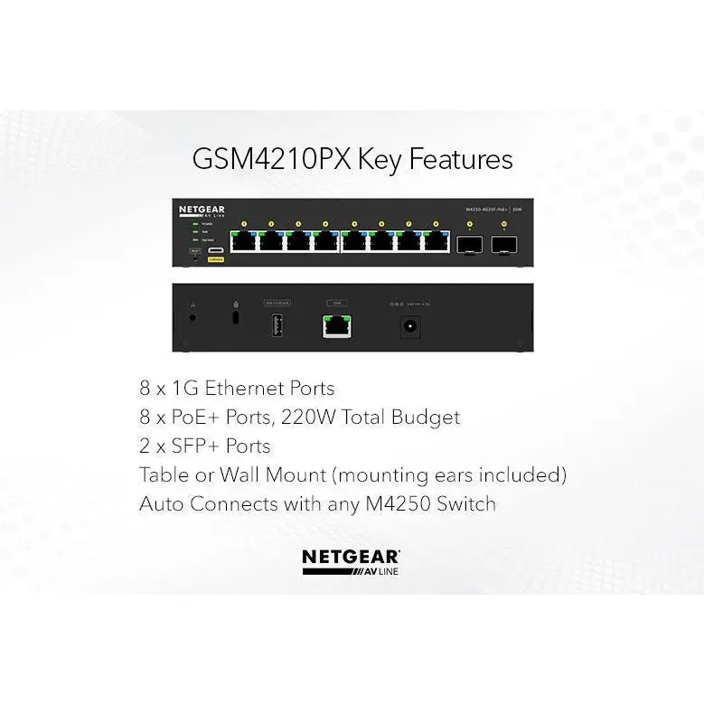 NETGEAR AV Line 8-Port Managed Rackmount Gigabit PoE Plus Switch with 2 x 1GbE SFP Plus Ports