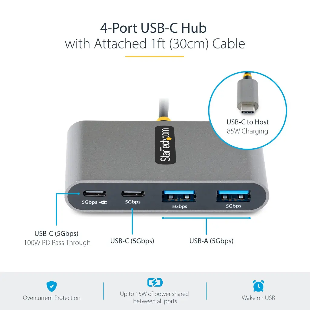 StarTech.com 4-Port USB-C Hub with 100W Power Delivery Pass-Through