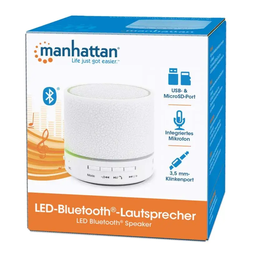 Manhattan LED Bluetooth Speaker - Multicoloured LED; Up to 5 Hours Playback Time; 10m Range; Aux 3.5mm Connector